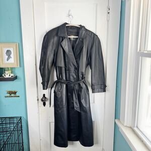 Vintage Etienne Aigner 100% Leather Trenchcoat Long Belted Black Size Medium M